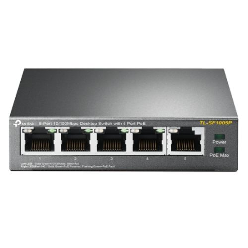 TP-LINK (TL-SF1005P) 5-Port 10/100 Unmanaged Desktop Switch, 4 Port PoE, Steel Case TP-LINK (TL-SF1005P) 5-Port 10/100 Unmanaged Desktop Switch, 4 Port PoE, Steel Case